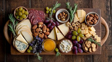 Çeşitli peynirli Charcuterie tahtası, salam, korizzo, prosciutto, bal, üzüm, fındık, zeytin, ekmek, yabanmersini ve koyu ahşap arka planda taze otlar. Şenlikli bir atıştırmalık