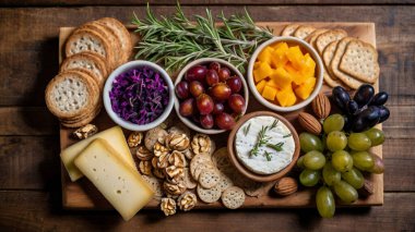 Çeşitli peynirli Charcuterie tahtası, salam, korizzo, prosciutto, bal, üzüm, fındık, zeytin, ekmek, yabanmersini ve koyu ahşap arka planda taze otlar. Şenlikli bir atıştırmalık