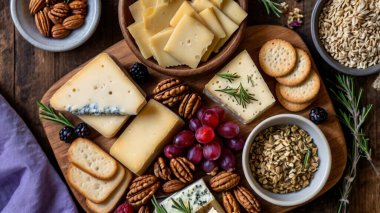 Çeşitli peynirli Charcuterie tahtası, salam, korizzo, prosciutto, bal, üzüm, fındık, zeytin, ekmek, yabanmersini ve koyu ahşap arka planda taze otlar. Şenlikli bir atıştırmalık