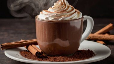 Sıcak kış içeceği: Mavi kupada krem şantili çikolata. Noel zamanı. Sıcak ev atmosferi, beyaz arka plan. Ev yapımı zencefilli kurabiye, koni ve ışık dekor olarak kullanılıyor. Havada tatil havası var. 