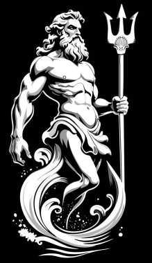 Poseidon, denizin tanrısı, uzun boylu ve güçlü kaslı, yaşlı bir deniz köpeği gibi, dağınık saçlı, sakallı ve elinde mızraklı..
