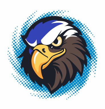 Colorful cartoon eagle head with blue accents and stylized features set against a dotted blue background clipart