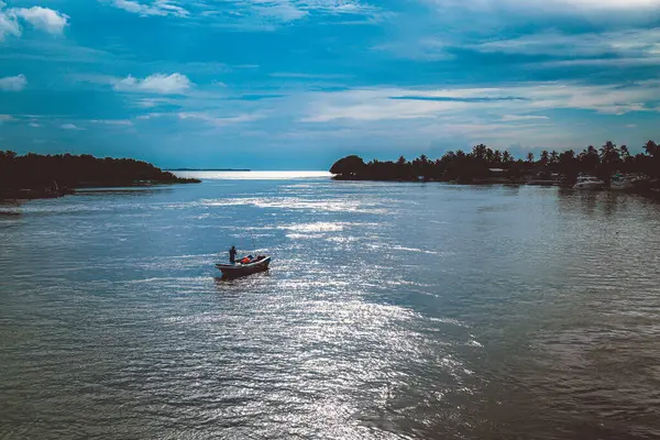 Watala, Colombo, Sri Lanka 'da teknelerinde balık tutan balıkçıların güzel manzaraları.