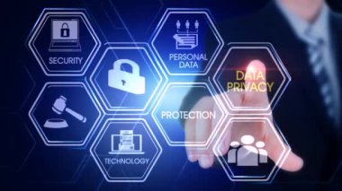 Data_privacy Hexagonal Touch Screen Concept Hexagonal virtual Touch Screen Concept with man touching screen with finger and light streak