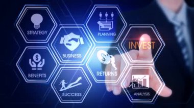 Invest Hexagonal Touch Screen Concept Hexagonal virtual Touch Screen Concept with man touching screen with finger and light streak