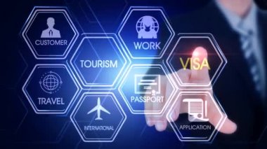 Visa Altıgen Dokunmatik Ekran Altıgen Sanal Dokunmatik Ekran Kavramı Parmakla ve ışık çizgisi ile ekrana dokunan adam kavramı