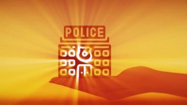 Polis karakolu modeli elinde. Elindeki minyatür bir modelin penceresinden güneş ve bulutlarla gökyüzü ışıldıyor. Yakın çekim yavaş çekim.