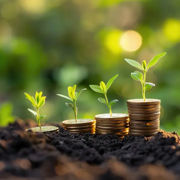 Toprakta yeşil arka planda büyüyen madeni paralar yığını, finansal büyüme veya yatırım için bir iş konseptini temsil ediyor ve para tasarrufu.