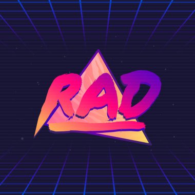 Rad retro fütüristik parlak logo. Neon logo tasarımı. 80 'lerin stil etiketi soyut geometrik şekilli. Fırça logosu. Tişört ve tipografi için vektör Yazdırma.