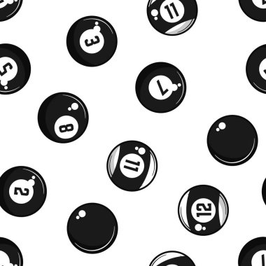 Bilardo, 8-top dikişsiz desen. Sekiz top arka planı. Beyaz arka planda izole edilmiş eski bilardo topları. Vektör illüstrasyonu