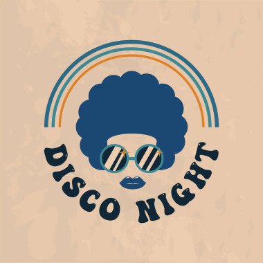 Retro Disko. Muhteşem Retro disko logosu. Moda hipster tasarımı. 70 'lerin klasik disko logosu ve güneş gözlüklü bir kadın. Tişört ve tipografi için vektör Yazdırma.