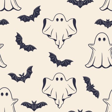 Cadılar Bayramı arka planı. Cadılar Bayramı kusursuz. Beyaz arka planda izole edilmiş yarasa siluetleri olan klasik hayaletler. Vektör illüstrasyonu