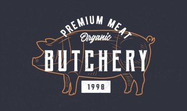 Kasap logosu. Kasap, barbekü restoranı posteri. Domuz oymalı silueti olan mangal modasına uygun bir logo. El işi grunge dokusu. Vektör amblemi şablonu.