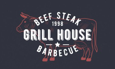 Izgaracı logosu. Et lokantası, barbekü lokantası afişi. İnek oymalı silueti olan mangal modasına uygun bir logo. El işi grunge dokusu. Vektör amblemi şablonu.