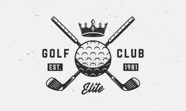 Golf kulübü logosu şablonu. Golf logosu. Beyaz arka planda top ve tacı olan çapraz golf sopaları. Vektör amblemi
