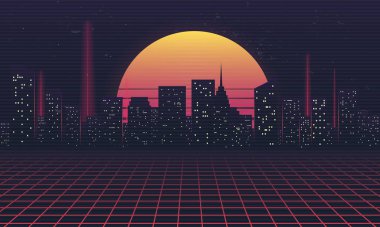 Retro fütüristik gece şehri. Neon ışıkları, retro güneş ve lazer ızgaralı şehir manzarası. Siber punk konsepti. Buhar dalgası soyut arkaplanı. Vektör illüstrasyonu