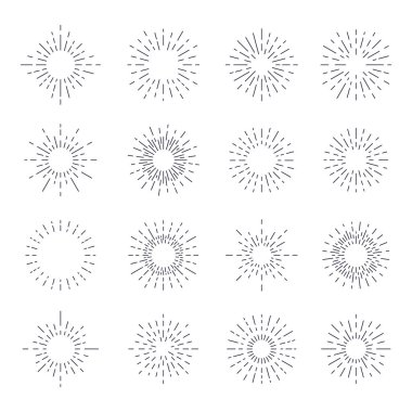 Yıldız patlaması, ışıklandırma ikonları. 16 Vintage arka plan elemanı. Güneş ışığı, gün doğumu, beyaz arka planda izole edilmiş havai fişekler. Logo, etiket ve rozet için geçmişe dönük yıldız patlaması. Vektör illüstrasyonu