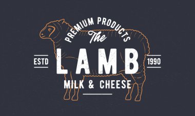 Kuzu logosu. Market, yemek dükkanı, restoran posteri. Koyun oymalı silueti olan klasik yiyecek ambalajlama logosu. El işi grunge dokusu. Vektör amblemi şablonu.