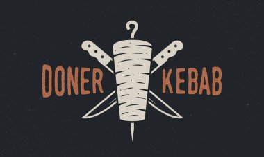 Doner Kebap, Shawarma logosu. Beyaz arka planda kebap bıçaklı Doner Kebabı. Kebap, et dükkanı, restoran, kebap. Shashlik Logo şablonu. Vektör illüstrasyonu 