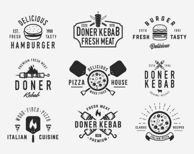 Pizza, kebap, hamburger logosu seti. Bistro, kafe ve restoran logosu için 9 adet fast food şablonu. Kebap, Burger, Pizza, Hamburger, Shawarma amblemleri. Vektör illüstrasyonu