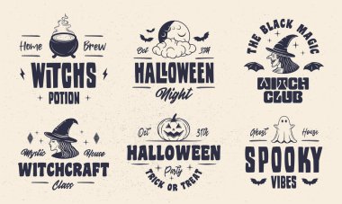 Cadılar Bayramı klasik amblemleri. Cadı, Balkabağı, Hayalet amblemleri. Cadılar Bayramı etiketi, rozet tasarımları. Tişört için geçmiş baskılar, tipografi. Vektör illüstrasyonu