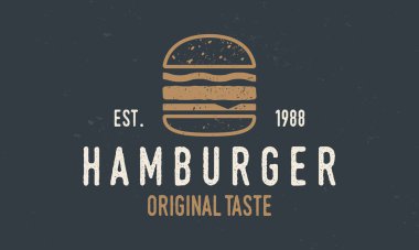 Hamburger logosu. Burger logosu siyah arka planda izole edilmiş. Vektör amblemi şablonu.