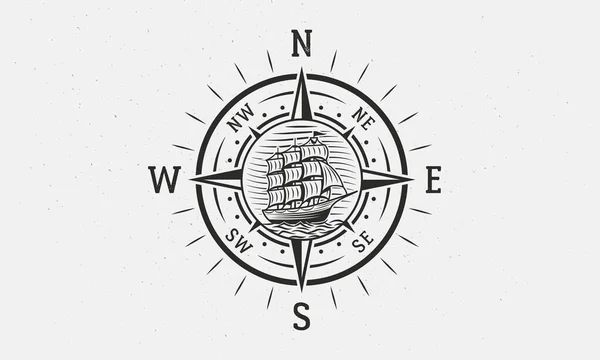 Nautica Logo Marine Emblema Vintage Con Bussola Nave Stampa Vintage — Vettoriale Stock