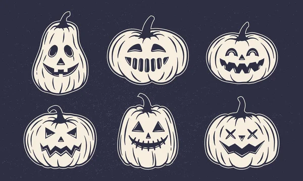 Vintage Halloween Pumpkin Set Jack Lantern Icons Isolated Dark Background — Stock Vector