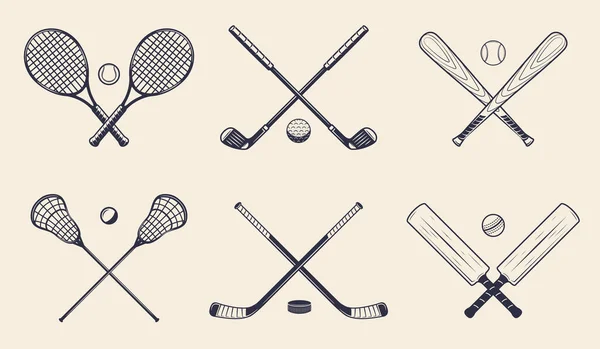 Sport Equipments Set Tennis Rackets Golf Clubs Baseball Bats Lacrosse — Stock Vector