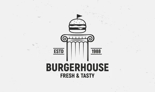 バーガーハウス ヴィンテージロゴのコンセプト おいしいバーガーのロゴ バーベキュー グリル 古代の列とハンバーガーとバー Bbqロゴテンプレート 歯ざわりだ ベクターイラスト — ストックベクタ