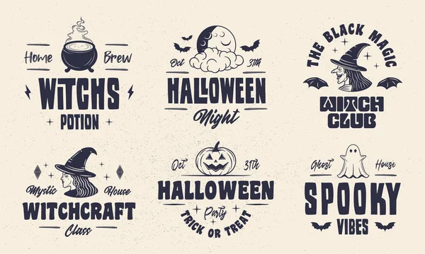 Emblèmes Vintage Halloween Sorcières Citrouille Emblèmes Fantômes Étiquette Halloween Dessins Illustrations De Stock Libres De Droits