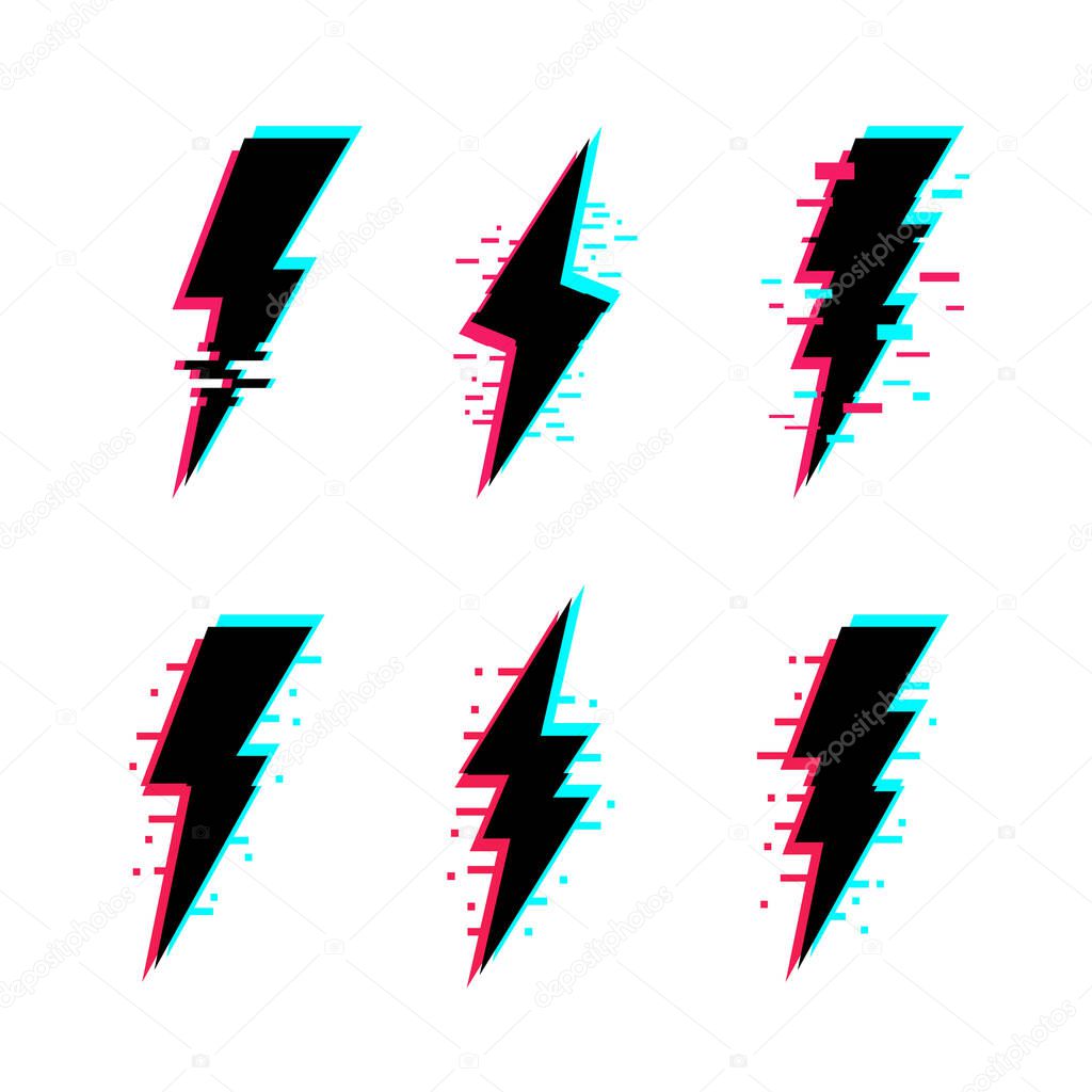 Set of 6 thunderbolt glitch icons. Neon Lightning icons isolated on black background. Vector illustration