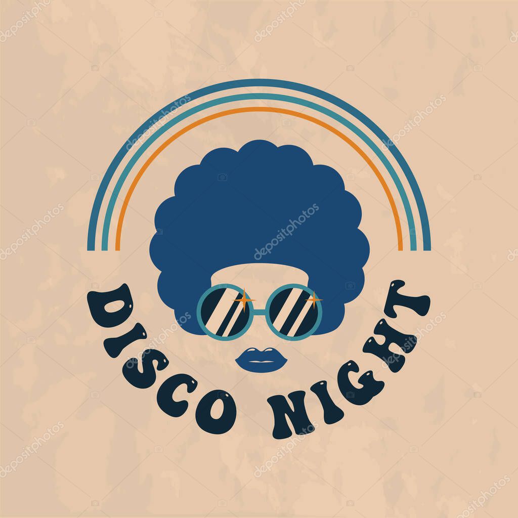 Retro Disco. Groovy Retro disco logo. Trendy hipster design. Vintage 70s Disco logo with woman in sunglasses. Vector Print for T-shirt, typography.