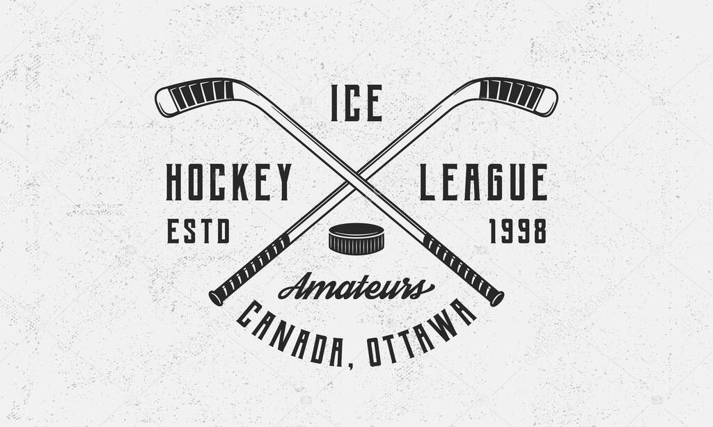 Ice Hockey league logo, poster. Vintage hockey emblem with crossed hockey cues and puck icon. Logo template for team, club, league, tournament. Vector illustration