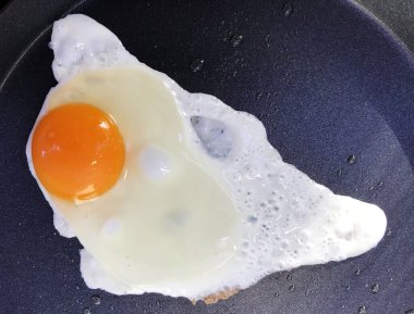 fried eggs with egg and yolk in black frying pan