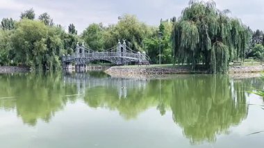 Yansıtıcı Su ve Zarif Köprü ile Huzurlu Göl Sahnesi. Yüksek kaliteli FullHD görüntüler
