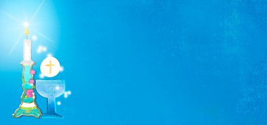 First holy communion invitation card. Chalice, host and candle light on  blue paper background with copy space to text and photo hand-drawn. Panoramic image.