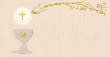 First holy communion invitation card. Chalice and communion host and holy spirit dove handmade with paper and cardboard, background with copy space to text and photo hand-drawn. Panoramic image.