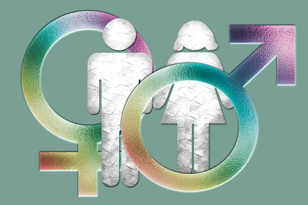 性别认同 焦虑症 男性和女性的身体 男性和女性的符号与彩虹的颜色 — 图库照片