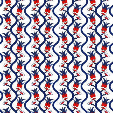 Üzerinde soyut ağaçlar ve çiçekler olan dikey, pürüzsüz bir desen. Antik Türk tarzında desen