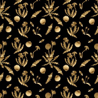 Siyah arkaplanda altın rengi karahindiba desenleri var.