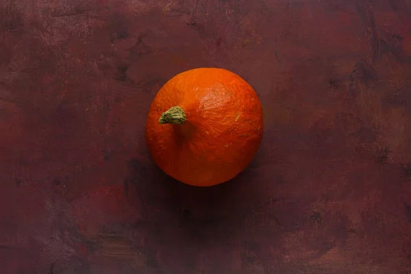 Mała Dojrzała Piękna Pyszna Pomarańczowa Dynia Leżąca Burgundowym Rustykalnym Tle — Zdjęcie stockowe