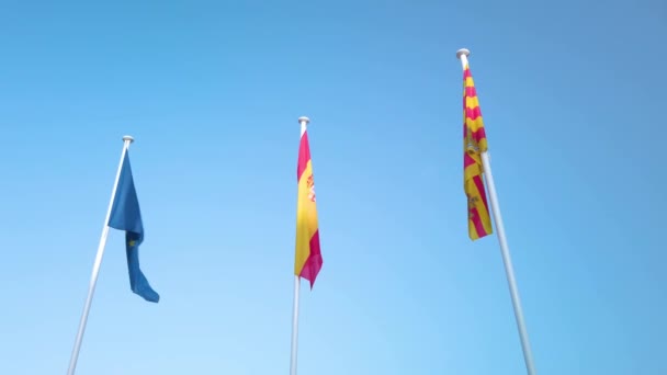 スペイン 地元のイビザの旗が風に優しく振っています 柔らかい風が旗をゆっくりと スペインのイビサ島のCala San Vicenteビーチで動かします 背景には澄んだ青空が広がった美しい晴れた夏の日です スローモーション — ストック動画