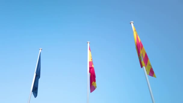 スペイン 地元のイビザの旗が風に優しく振っています 柔らかい風が旗をゆっくりと スペインのイビサ島のCala San Vicenteビーチで動かします 背景に澄んだ青空が広がる美しい夏の日です — ストック動画