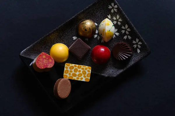 Small Grey Black Plate Delicious Homemade Colorful Chocolate Black Background Stock Photo