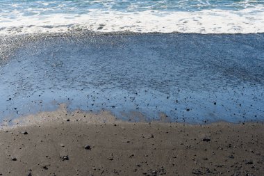 İzlanda 'daki Reynisfjara siyah kumsalında küçük, nazik dalgalar dalgalanır. Güneşli, güzel bir bahar günü.