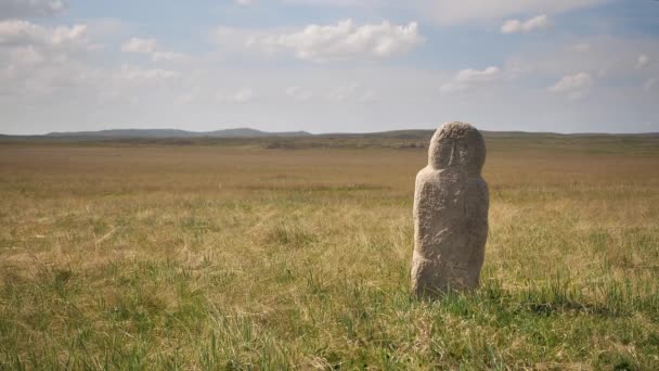 Kazakhstan Stone Idol Stands Steppe Balbal Nomad — Stock Video