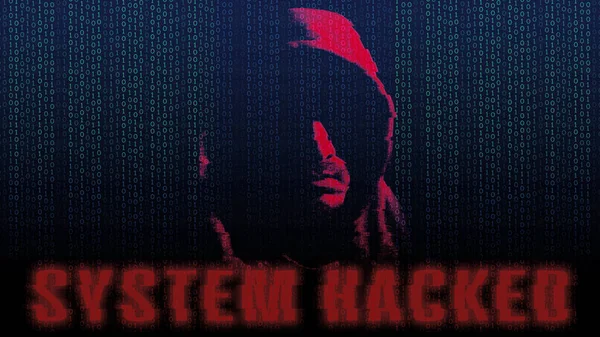 Hooded man with his face in shadows on dark background with binary code and system hacked text alert. Cyber criminal, concept of security breach. Screen for computers or mobile devices. Copy space.