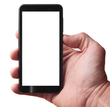 Close up of male hand holding cellphone blank screen, template with empty display isolated on white background for advertising or displaying mobile app or web site interface, or any other design.