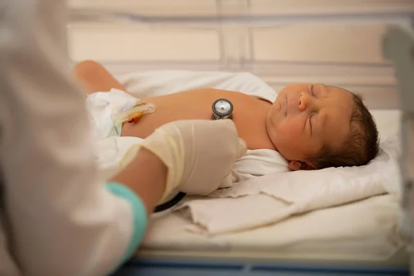 Neonatologia Medico Che Ascolta Battito Cardiaco Neonato Incubatore Bambini — Foto Stock